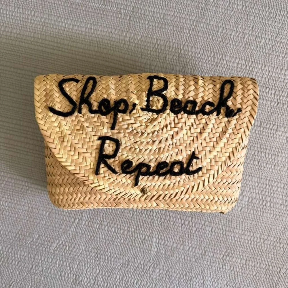 Poolside Shop Beach‎ Repeat Embroidered Straw Raffia Envelope Clutch Bag Natural